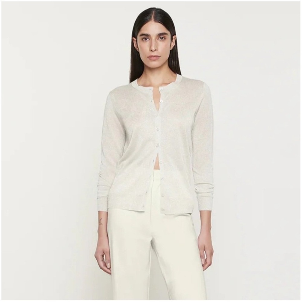 ENZA COSTA Lame Cardigan Sweater Womens Small Cream Silver Crew Quiet Luxury NEW